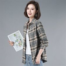 2021年春季POLO领排多扣格子长袖衬衫宽松韩版衬衣，女装衬衫，伊满意