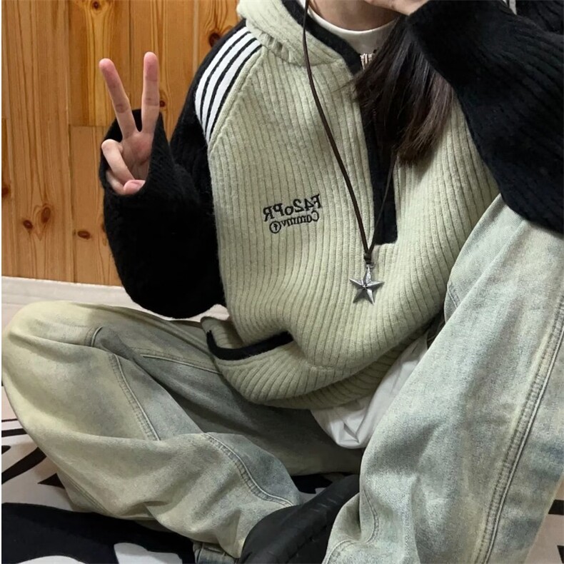 778-P55美式毛衣女秋冬宽松潮牌撞色插肩袖连帽日系慵懒针织衫，男装针织衫/毛衣，电商B323A