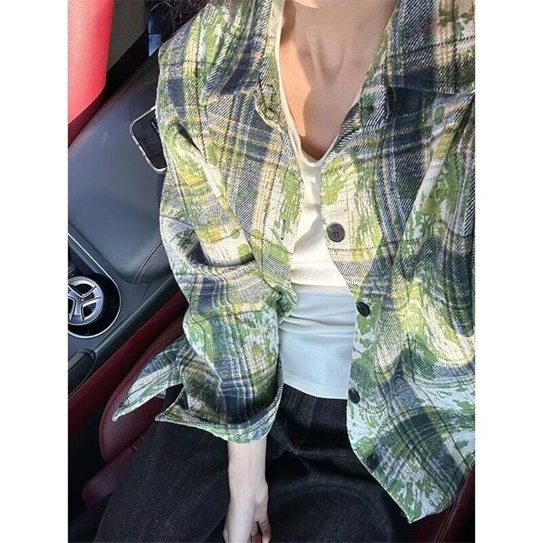 美式复古蓝色扎染格子衬衫男款秋季高级感慵懒风格纹衬衣长袖外套,男装衬衫,星座506A