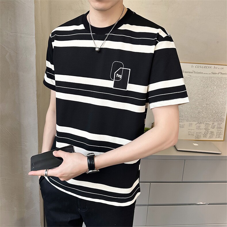 夏季男士圆领条纹短袖T恤店主风休闲宽松t恤黑B338-T811-P38,男装T恤,电商B338