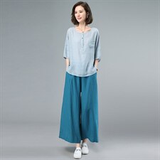 2021夏季新款简约时尚气质减龄圆领蕾丝边拼接袖口舒适棉麻两件套，女装套装/套裙，奕阳依阁
