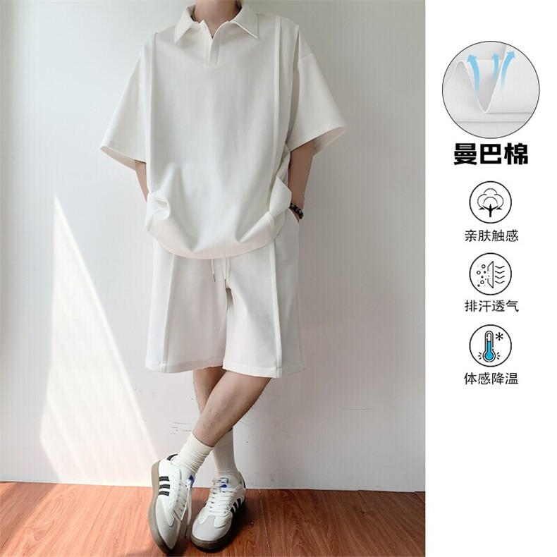 特批P65无差价夏季港风重磅曼巴棉拼接亨利领短袖短裤男TZ5147,男装休闲套装,电商A001