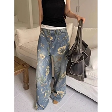 复古印花阔腿牛仔裤女薄款夏季2025年小众设计直筒拖地裤N7719，男装牛仔裤，星座1116A（原606A-3）