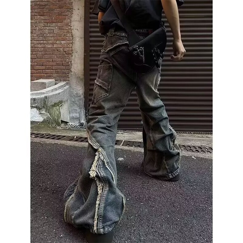 拼接毛边拉链设计感牛仔裤男重磅宽松拖地微喇长裤子 N7717图片