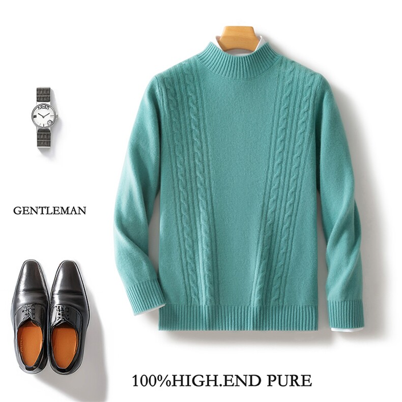 半高领加厚100%纯羊毛衫男士麻花长袖毛衣宽松羊绒衫打底内搭上衣，男装羊毛衫，邓利维