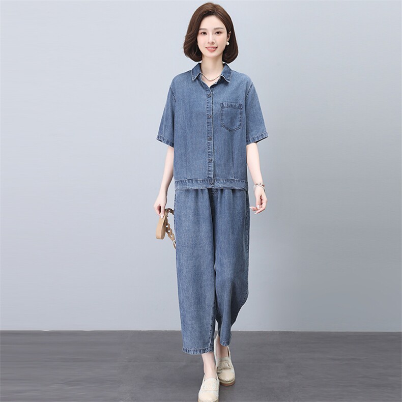 时尚薄款牛仔套装女夏季2025新款宽松休闲中年妈妈洋气减龄两件套,女装套装/套裙,悦见她