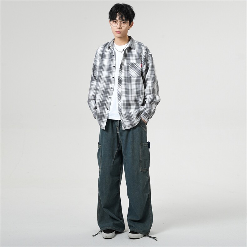 秋季潮流格子衬衫男港风休闲长袖外套青少年男装2108P28,男装衬衫,星座1107-1