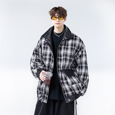 双面穿PU皮男秋冬款式情侣格子夹克美式青少年放水外套JK08-P73，男装夹克，电商C307