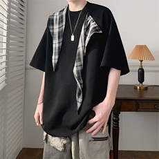 C542P40格子蝴蝶结拼接短袖t恤男ins夏季潮胖人宽松半袖体恤衫，男装T恤，星座512-6