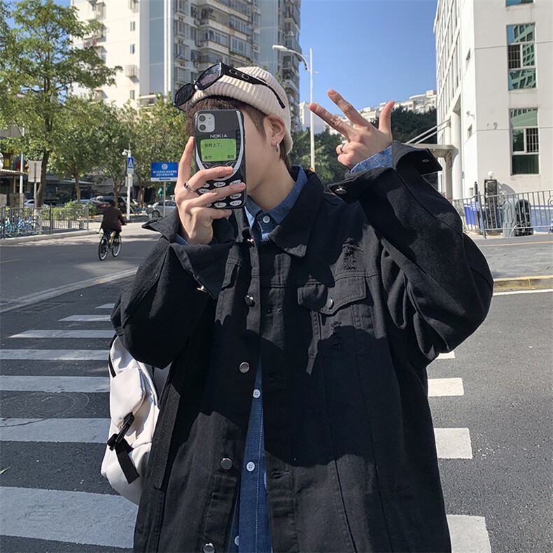 J08-P85控108春秋纯色破洞休闲牛仔外套韩版宽松百搭夹克潮，男装工装外套，电商A036A