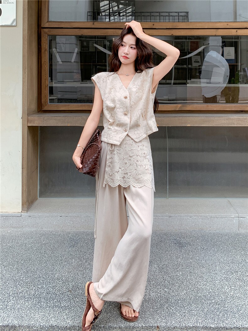 轻熟风气质套装女2026夏季薄款蕾丝上衣可拆屁帘显瘦阔腿裤两件套,女装套装/套裙,流量+