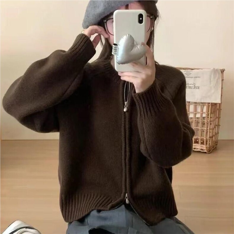 长袖针织开衫女宽松百搭纯色拉链休闲外套上衣,针织衫/毛衣,鑫友供货