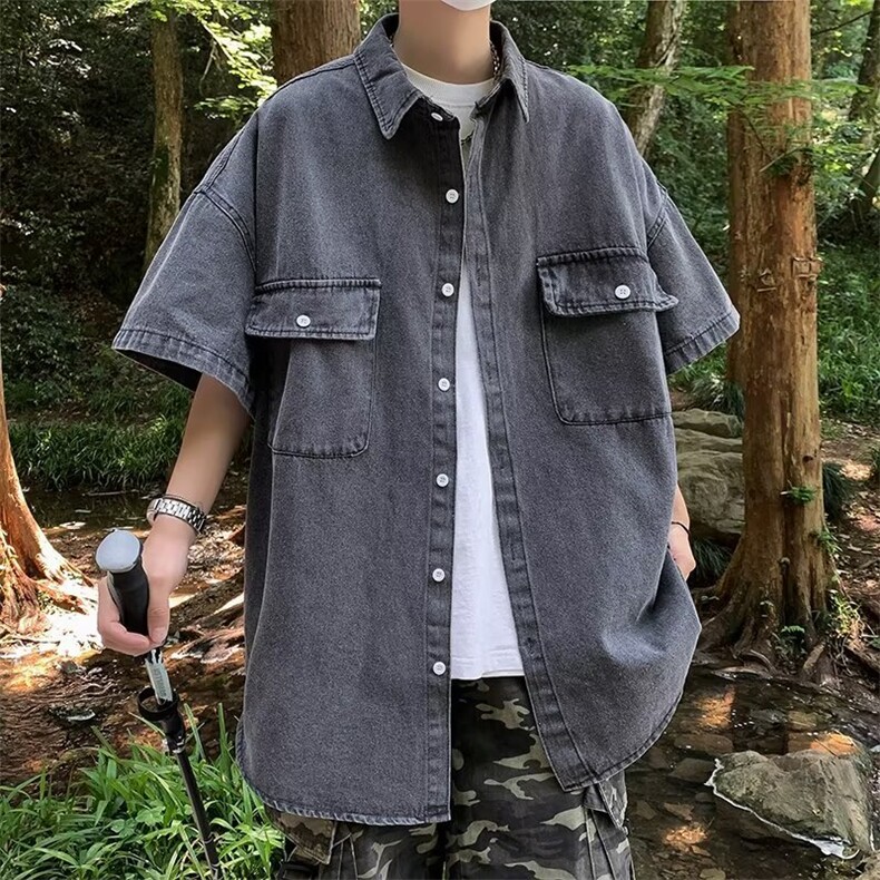 港风复古牛仔衬衫男款潮牌短袖衬衣宽松休闲工装薄外套CS03-P50,男装衬衫,星座308B-2