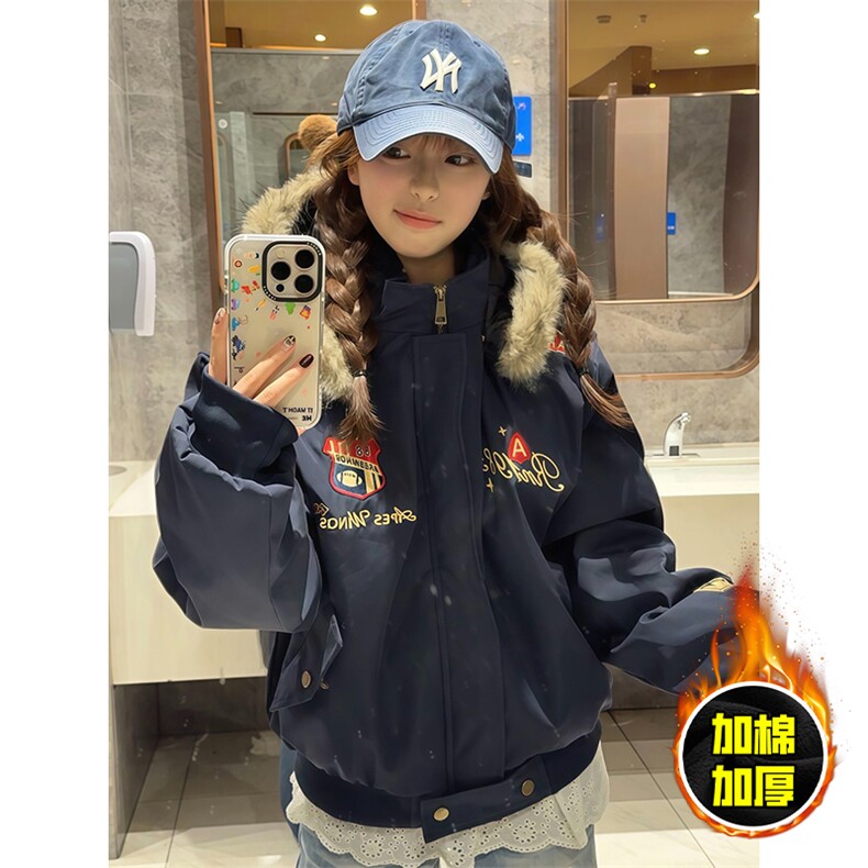 现货高品质美式高街重磅刺绣座山雕大毛毛领棉衣男女加厚棉服外套图片