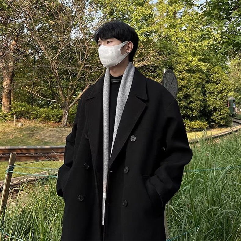 黑色毛呢大衣男中长款风衣高级感赫本风秋冬季德式戗驳领呢子外套图片