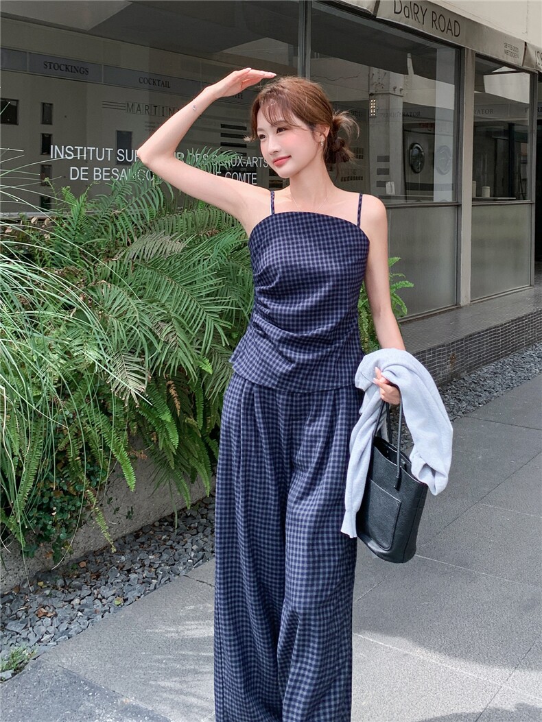 洋气时髦设计感复古格纹套装女2026春夏新款开衫吊带阔腿裤三件套,女装套装/套裙,艾米莉亚