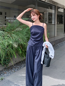 洋气时髦设计感复古格纹套装女2026春夏新款开衫吊带阔腿裤三件套图片