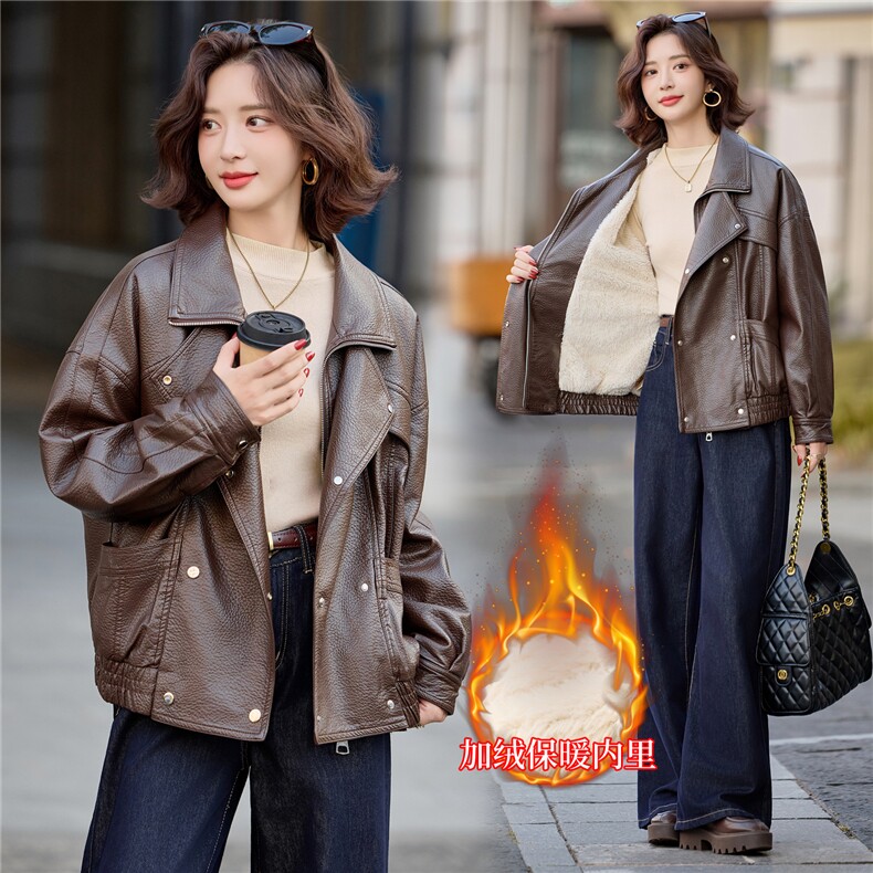 2025冬新加绒仿真皮皮衣女杨树林机车夹克宽松廓形泡皮短款外套，女装皮衣，跑量工厂店