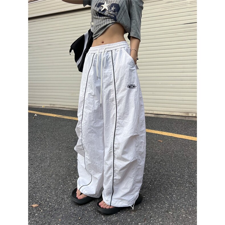 77lin美式复古褶皱条纹运动工装伞兵裤男女夏季宽松阔腿弯刀裤潮，女装休闲裤，星座1210-1