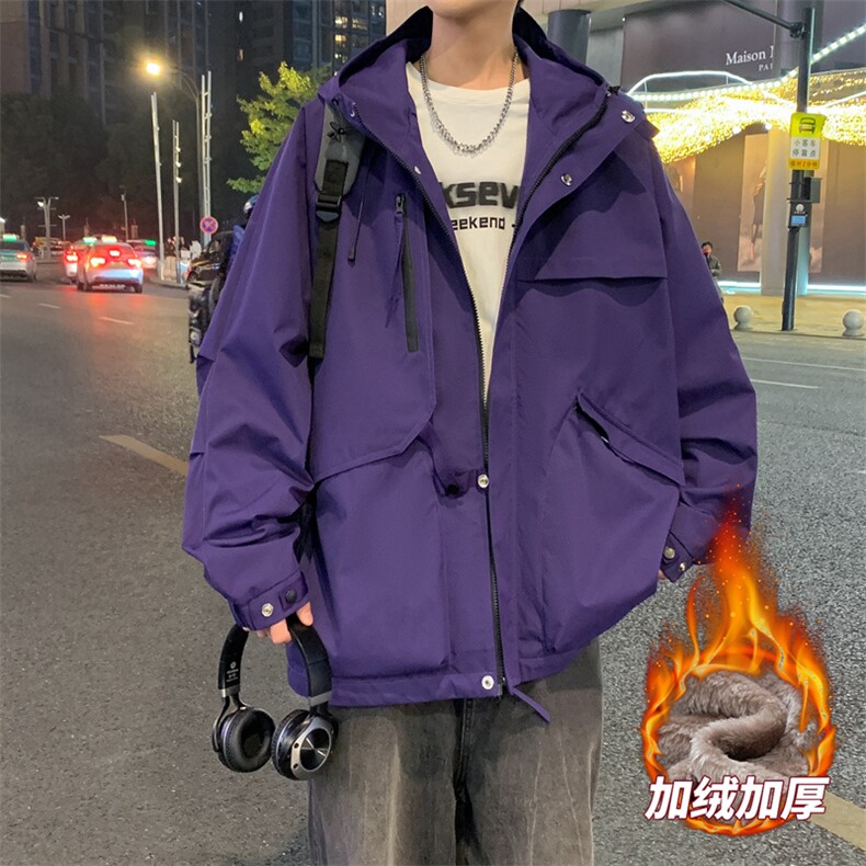 AJ136-P98 冬季加绒加厚连帽冲锋衣防风防水插色拼接棉衣外套图片