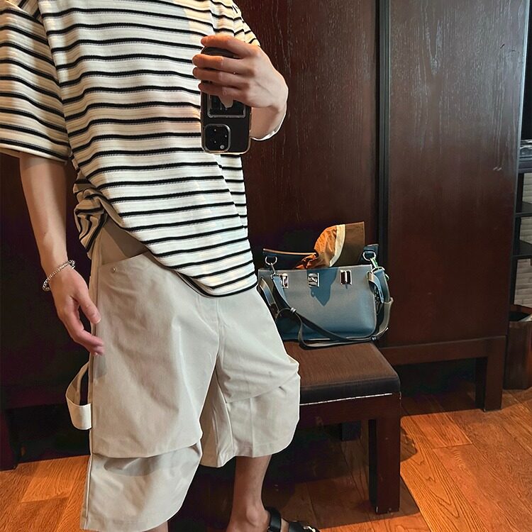 DA167-P40新款日系复古条纹重磅圆领T恤男女宽松短袖-网图现货2图片