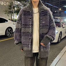 主推秋冬季慵懒风复古拉链开衫毛衣男宽松高级感情侣条纹撞色针织，男装针织衫/毛衣，星座218-1（原230）