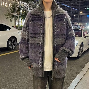 主推秋冬季慵懒风复古拉链开衫毛衣男宽松高级感情侣条纹撞色针织图片