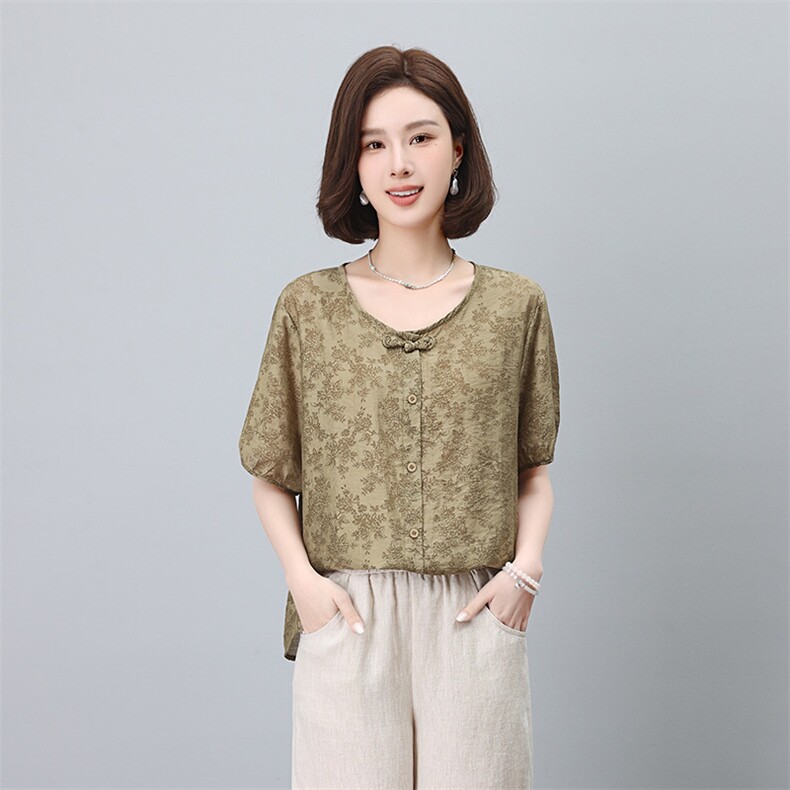 中式风盘扣衬衫女夏装2024年新款中年妈妈时尚宽松圆领短袖上衣,女装衬衫,玛其路
