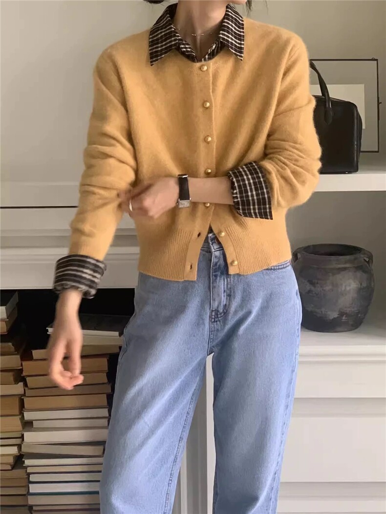 时尚圆领金扣100针织开衫女上衣春秋韩版短款毛衣羊毛外套,女装羊毛衫,圣旺供货