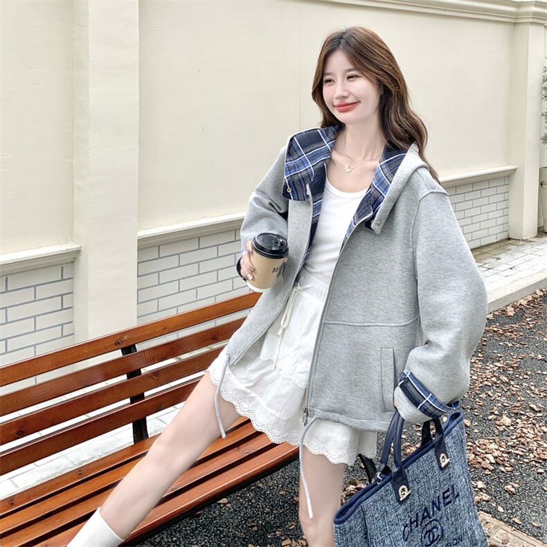 【秋装新品】格纹拼接连帽卫衣2C105-Q502-P165-k238,女装卫衣/绒衫,2C105