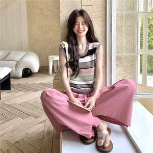 多巴胺减龄撞色拼接条纹针织衫套装女夏季2025年新款阔腿裤两件套图片