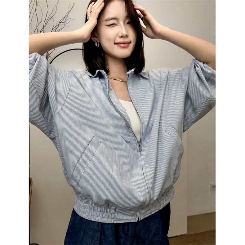 网图欧若风松弛极简蓝白条纹翻领外套JK401-P70,女装短外套,星座1213