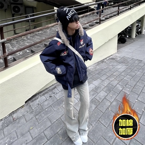 现货高品质美式高街重磅刺绣座山雕大毛毛领棉衣男女加厚棉服外套图片