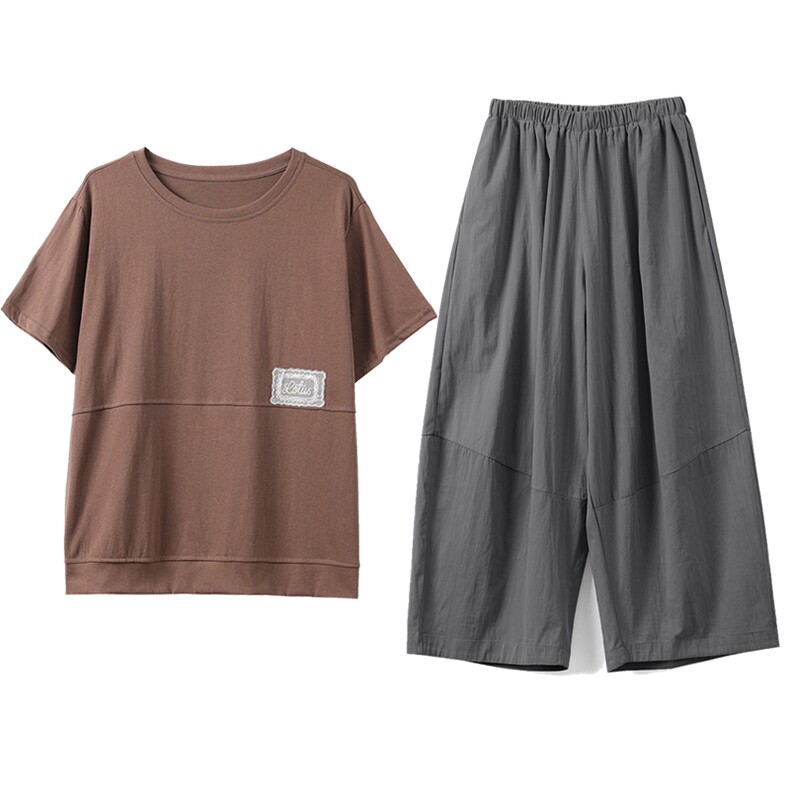 2025年夏季两件套短袖棉针织款套装休闲简约款,女装套装/套裙,秋牧寒烟