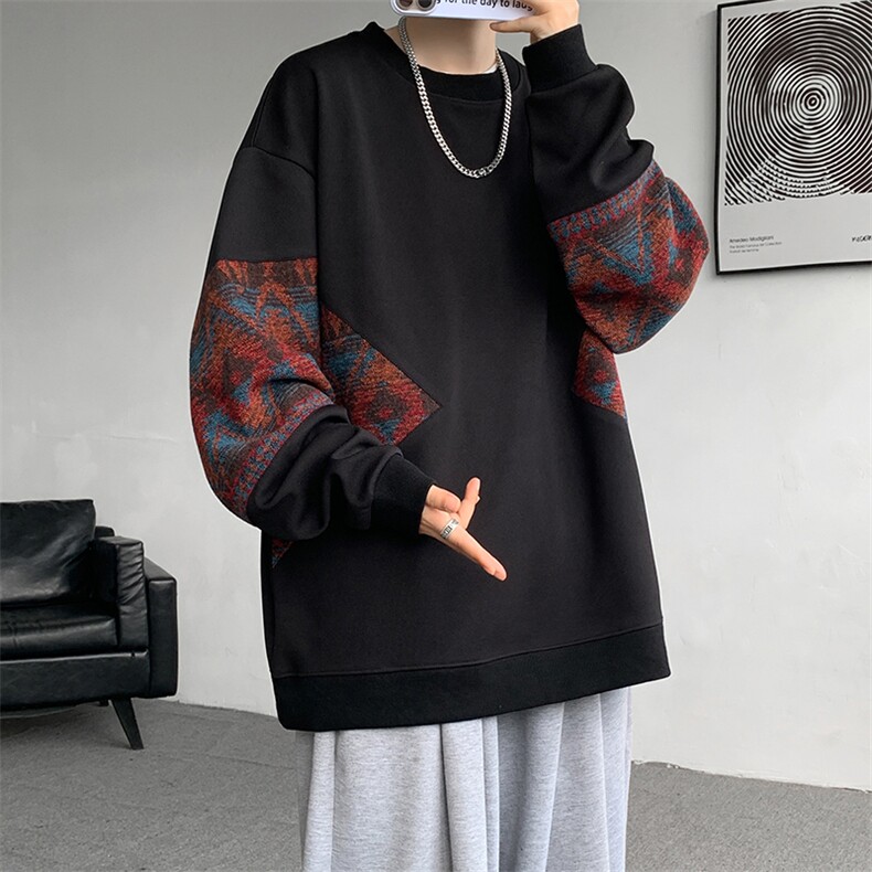 8XL-M民族风加绒加厚卫衣男款冬季拼接套头衫特大码外套WY005P58,男装卫衣,电商B312
