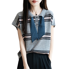 设计感Polo领纽扣丝巾条纹T恤女2025夏季款减龄百搭打底飞袖上衣，女装T恤，菲奥羊绒