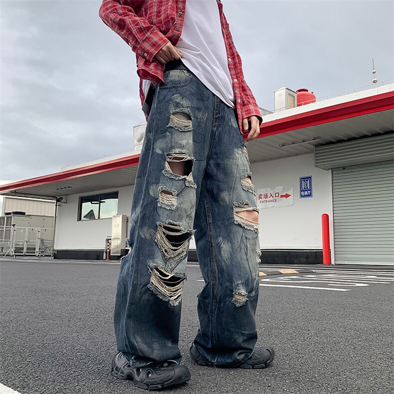 复古做旧磨破设计感阔腿牛仔裤休闲时尚气质百搭拖地裤NZ169-P50,男装牛仔裤,星座308B-2