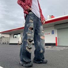 复古做旧磨破设计感阔腿牛仔裤休闲时尚气质百搭拖地裤NZ169-P50，男装牛仔裤，星座308B-2