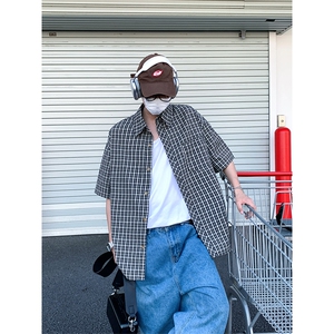 复古格子短袖衬衫男宽松高级感学院风情侣衬衣DC2228-特价P29图片
