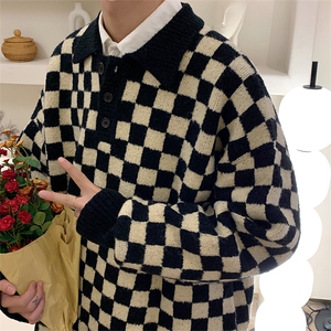 新款翻领棋盘格毛衣慵懒风宽松套头polo领针织衫现货 M326-P44图片