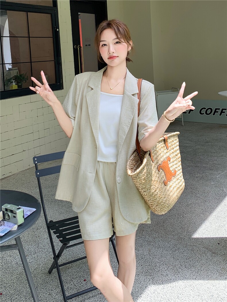 盐系休闲短袖西装短裤套装女夏季2025新款爆款高级感小个子两件套,女装套装/套裙,蝶眷