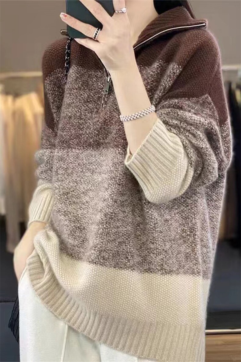秋冬拉链高领100%羊毛衫女复古撞色长袖毛衣宽松慵懒羊绒针织打底,针织衫/毛衣,萱芳婷羊绒