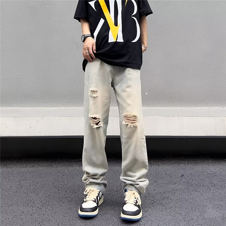 美式vibe裤子高街水洗牛仔裤男设计感小众拉链裤B3001P40,男装牛仔裤,星座1116-2