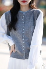 设计感撞色拼接假两件针织开衫女马甲毛衣2025春季衬衫袖坎肩上衣，女装针织衫/毛衣，佳绒包芯纱店