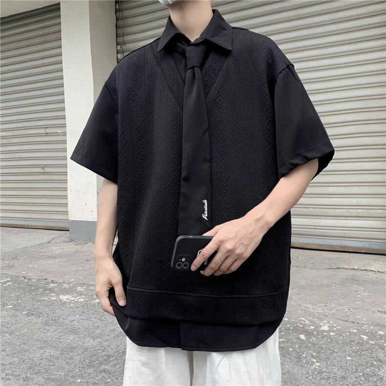 DW1271-P40新中式男衬衫短袖夏季痞帅高级感男装七分中袖无领衬衣,男装衬衫,星座603-2