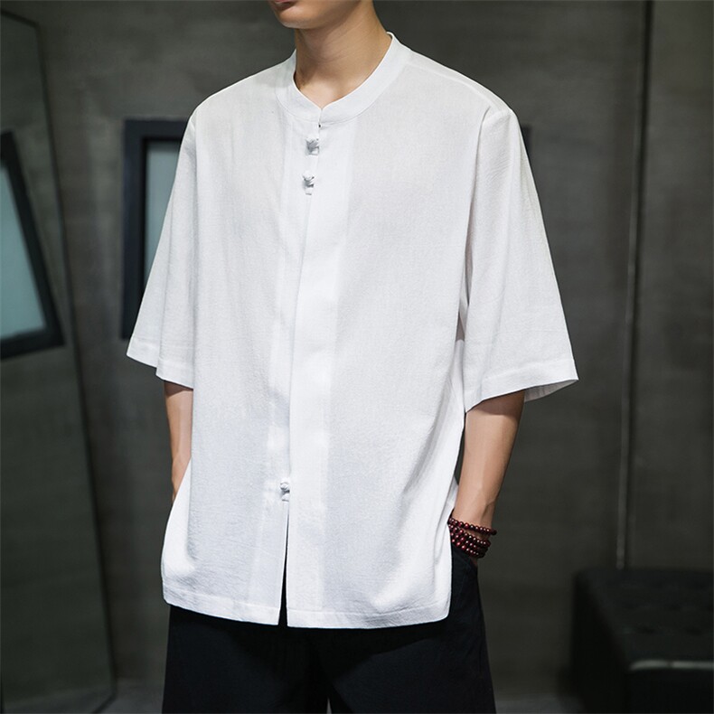 2023风男装盘扣唐装汉服五分袖短袖衬衫A203A-6809图片