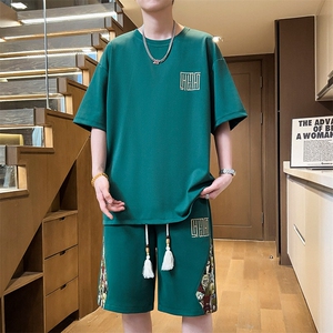 刺绣夏季休闲运动套装男T恤短裤两件套拼接青年A266-TZ7758-P48