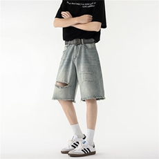 牛仔裤男士韩版潮流高街帅百搭破洞2025夏季ins五分裤RK2846-P38，男装牛仔裤，星座412-3