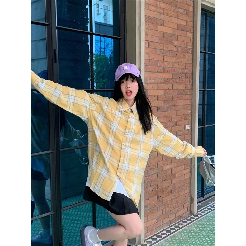 黄色格子polo领长袖衬衫外套女秋季设计感宽松衬衣中长款开衫上衣，男装衬衫，星座1210-1