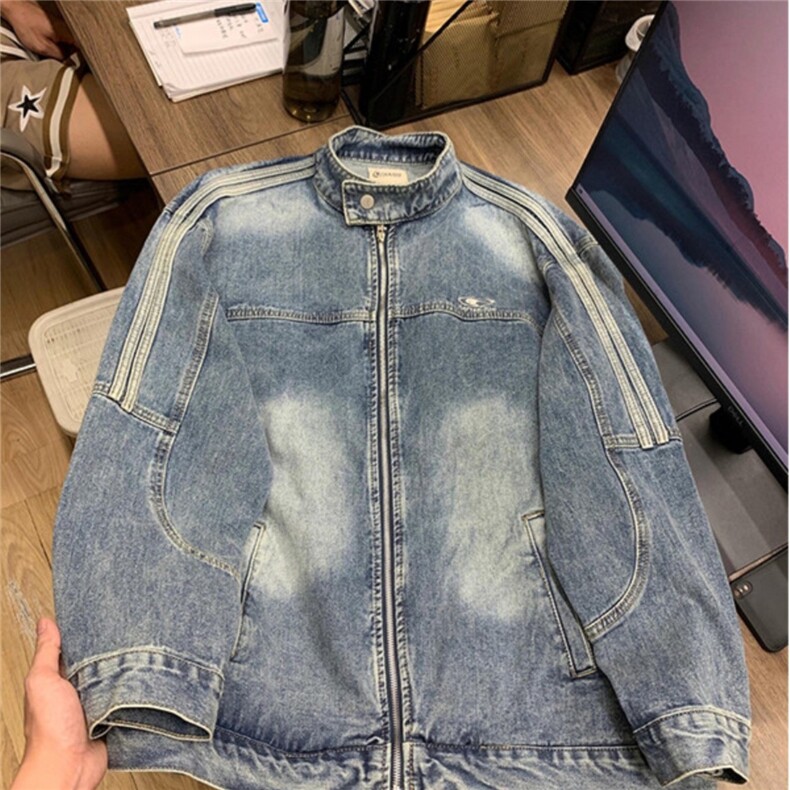 美式条纹牛仔外套男春秋款美式复古高级感欧美潮牌条纹立领夹克衫，男装工装外套，星座1210-1